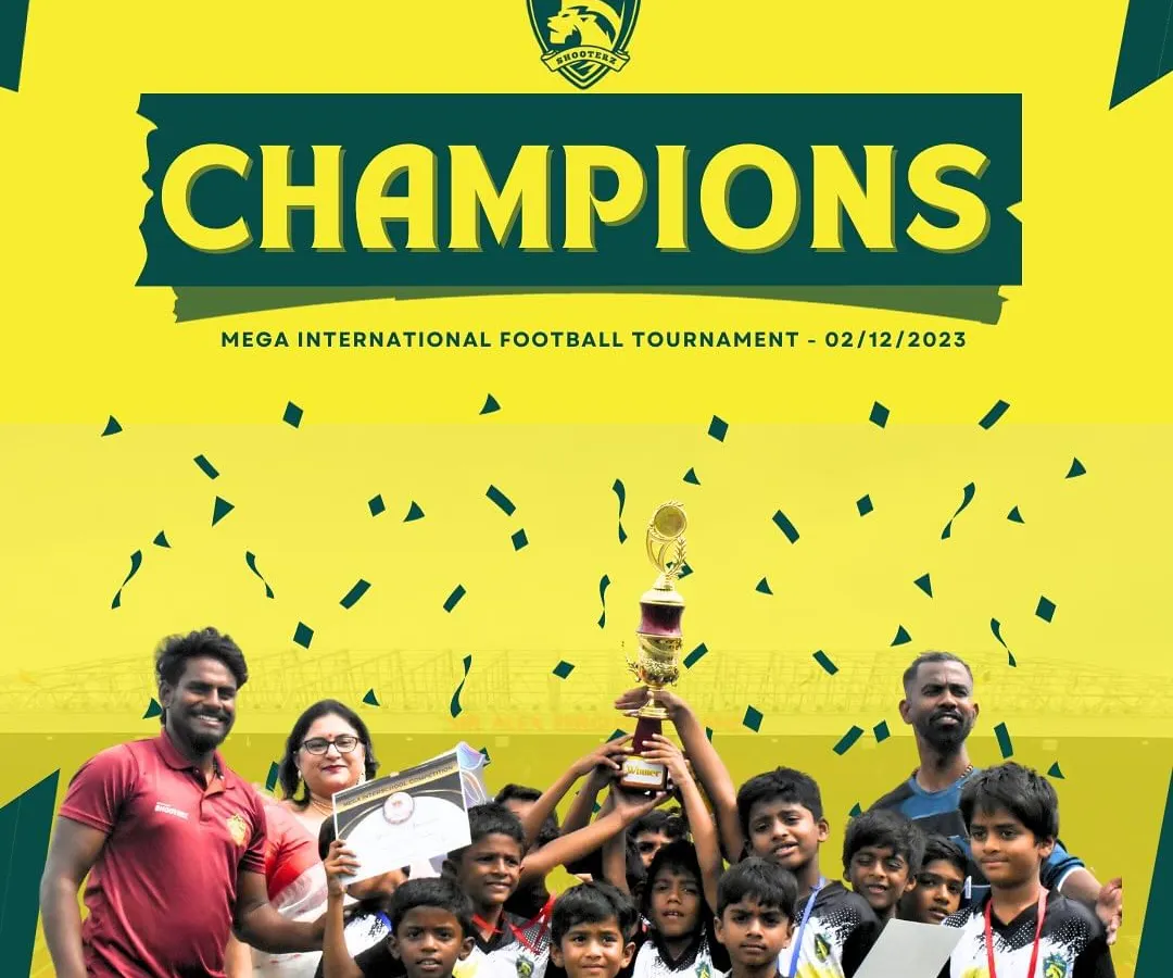 This is what we strive for. Our young football team celebrating their victory at the Mega International Football Tournament, holding the championship trophy high. We build champions from the ground up.