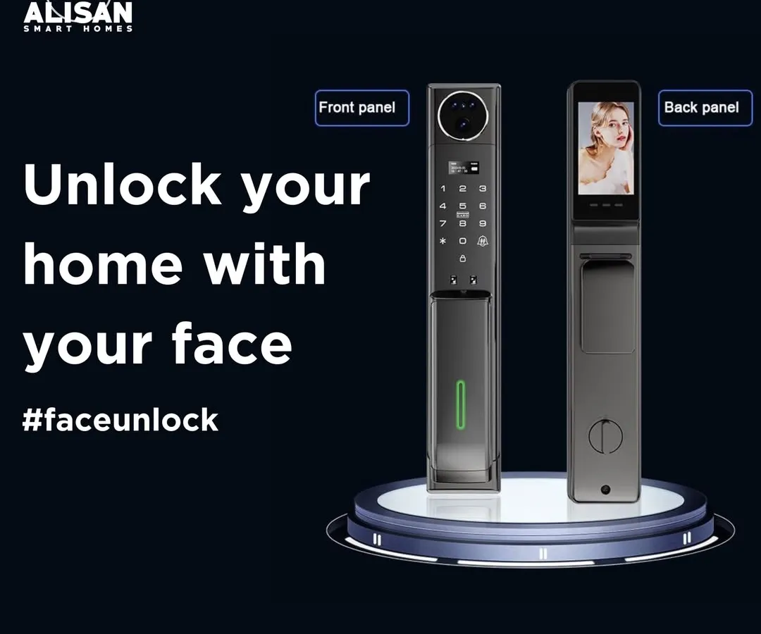 Your face is now your key. This is our advanced facial recognition smart lock, offering truly touchless entry. The front panel includes a high definition camera and a discreet keypad, while the back panel has a screen to see who is at the door.