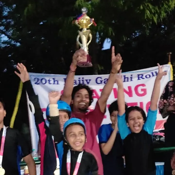A proud moment for the Black Diamond crew. We celebrated a big win at the Rajiv Gandhi Skating Competition, holding the first place trophy high. My students' hard work and dedication always pays off.