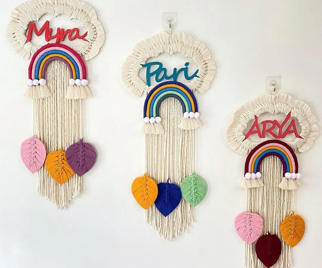 Seeing my custom name signs together makes me so happy! Each one is designed for a special little one, with unique color combinations for the names and the macrame leaves. These personalized nursery signs are my most requested item.