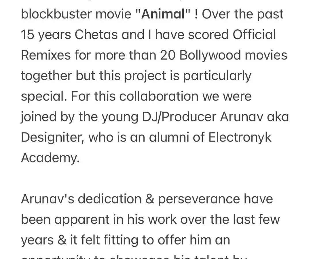 This is what I mean by real opportunities. I was incredibly proud to bring Electronyk Academy alumnus Arunav, also known as Designiter, onto this official remix of 'Pehle Bhi Main' for the blockbuster movie 'Animal'. His work was released on T-Series, a testament to the career possibilities our mentorship can unlock.