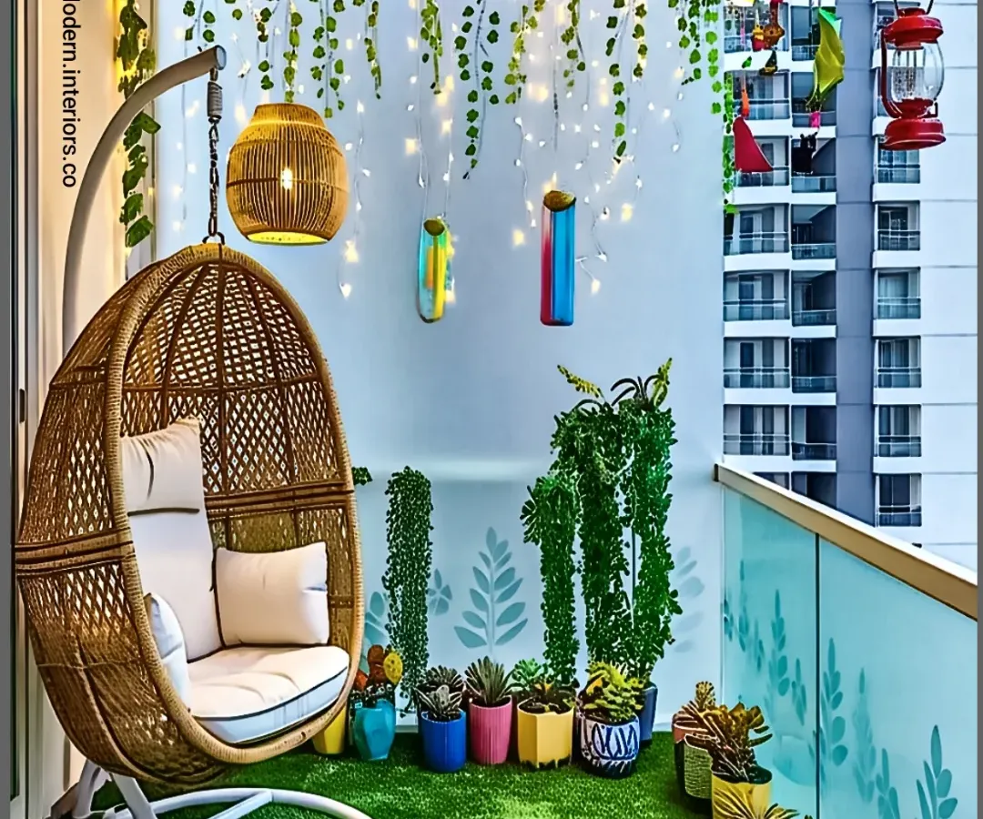 This design brings a vibrant, boho feel to a compact apartment balcony. We used high-quality artificial grass for a maintenance-free lawn, paired with a comfortable wicker swing chair that serves as the main relaxation spot. The look is completed with colorful pots, hanging lanterns, and fairy lights for a magical evening ambiance.