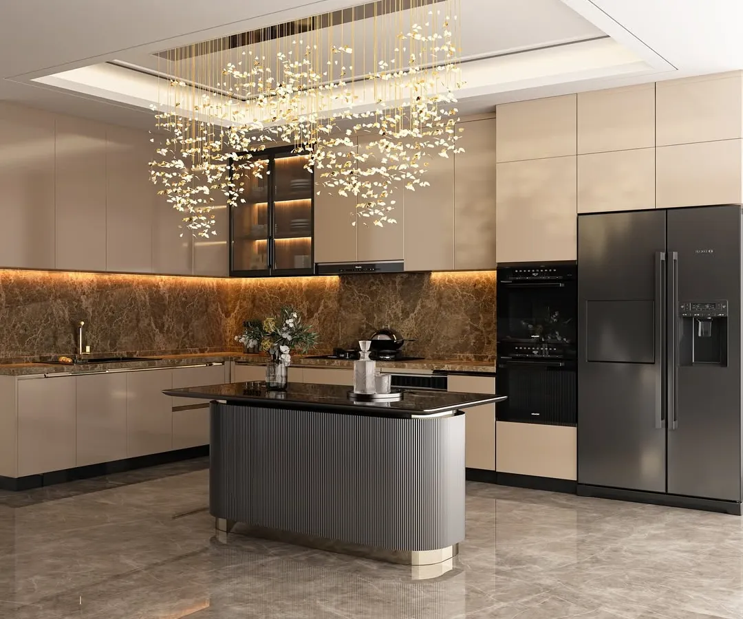 I believe a kitchen should be both a functional workspace and a stunning centerpiece. This design features sleek, handleless cabinetry, a beautiful marble backsplash, and a dramatic island, all crowned by a breathtaking crystal chandelier that makes every meal feel like a special occasion.
