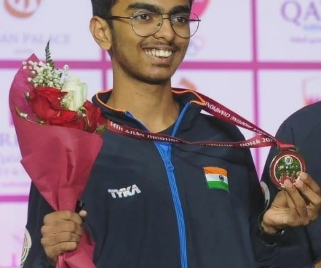 This is the moment of victory. Our shooter, Srijay T R, after winning a silver medal at the 14th Asian Shooting Championships. We train athletes for success on the international stage.