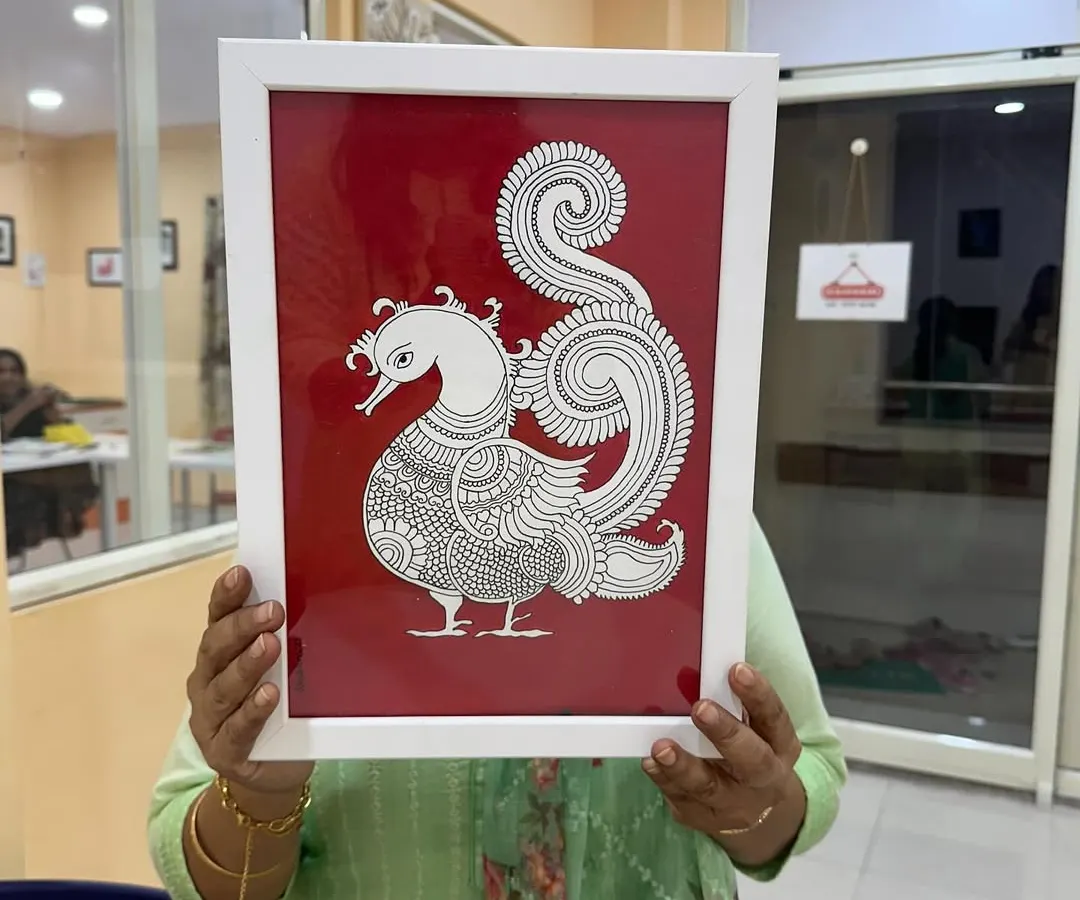I was so proud of my student who created this beautiful Kalamkari peacock in one of my workshops. Seeing her hold the final, framed piece is what Art Voyage is all about.