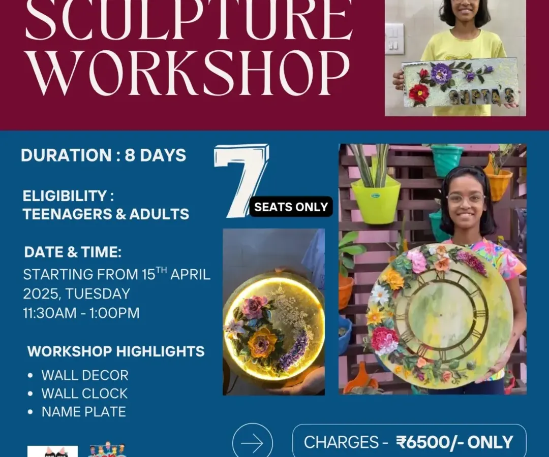 Unleash your creativity in our hands-on Sculpture Workshop, open to both teenagers and adults. Over eight days, you will learn to craft beautiful, functional art pieces like a custom wall clock and a personalized nameplate, with all materials included. It's a wonderful way to de-stress and create something you can be proud of.