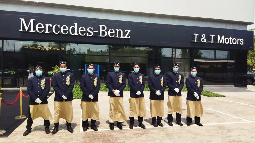Our professional team ready for service at a bespoke breakfast event for Mercedes-Benz T&T Motors. We specialize in corporate catering that aligns with the prestige of world-class brands, ensuring every detail reflects excellence.