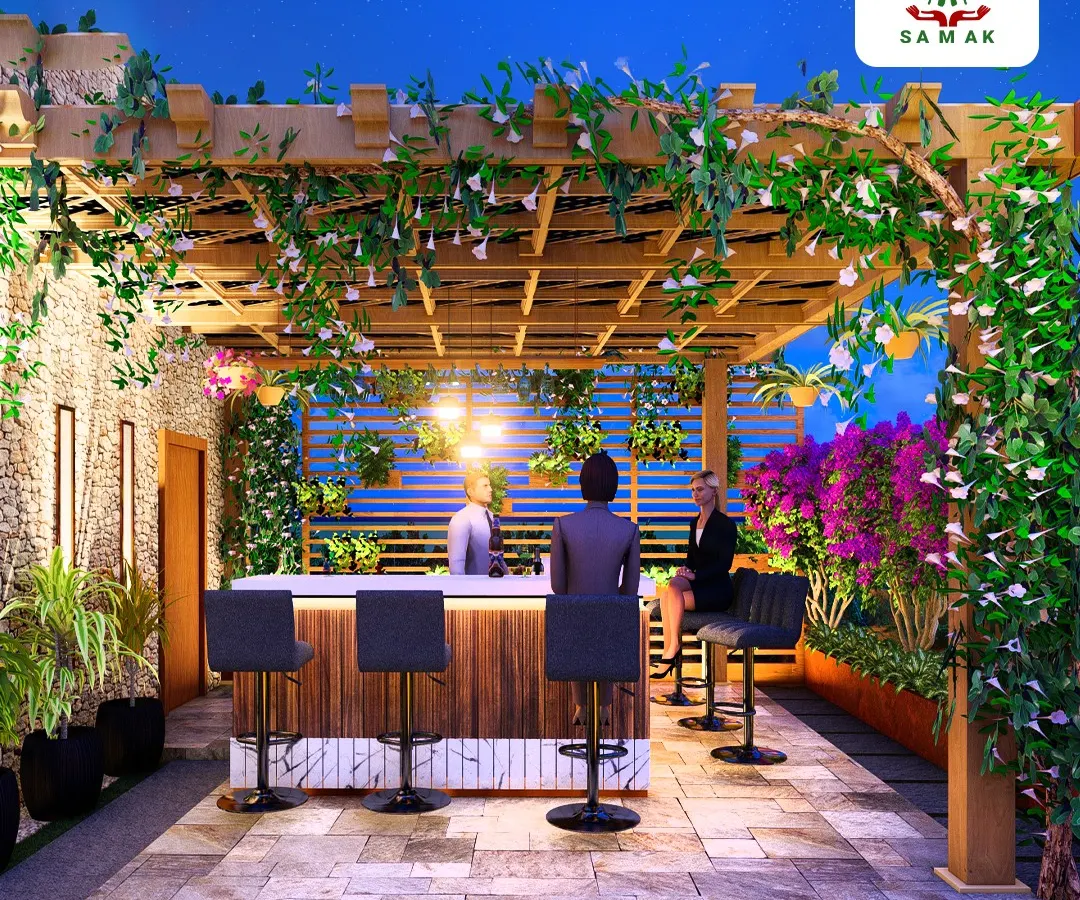 We designed this rooftop terrace as the ultimate urban escape and entertainment hub. The space features a custom outdoor bar under a modern pergola, surrounded by lush planters and ambient lighting, proving that even in the city, you can have your own private oasis.