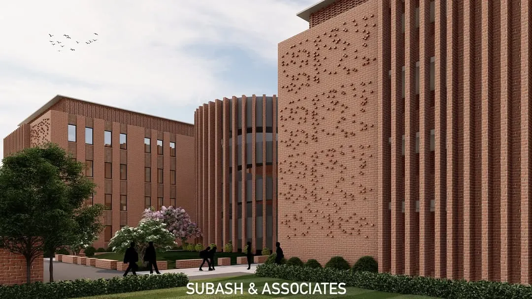 A closer perspective on our school design reveals the intricate use of brickwork. We employ varied patterns, vertical fins, and perforated jali-style screens to create a dynamic facade that is both visually engaging and functional, allowing for natural light and ventilation.