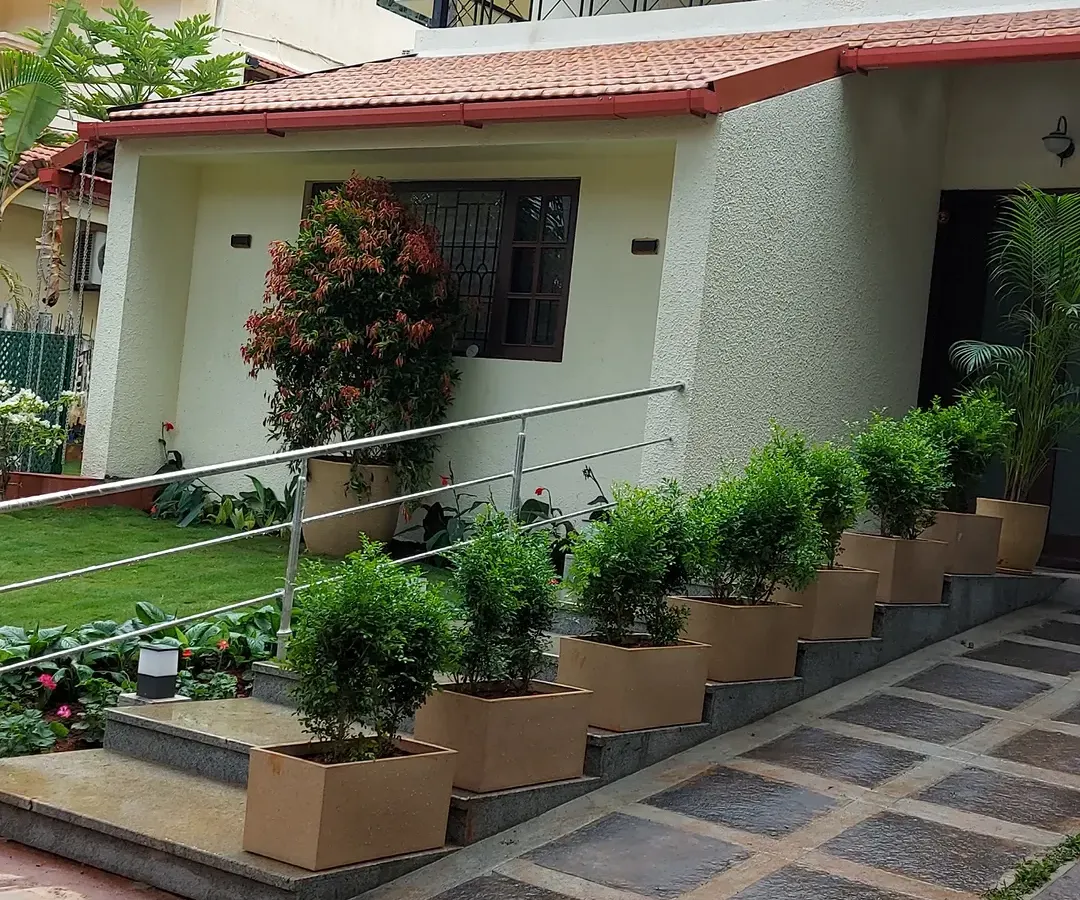 An example of how I use structured planters and lush greenery to create an elegant and welcoming entrance for a home. This design features uniform shrubs for a clean, modern landscaping look.