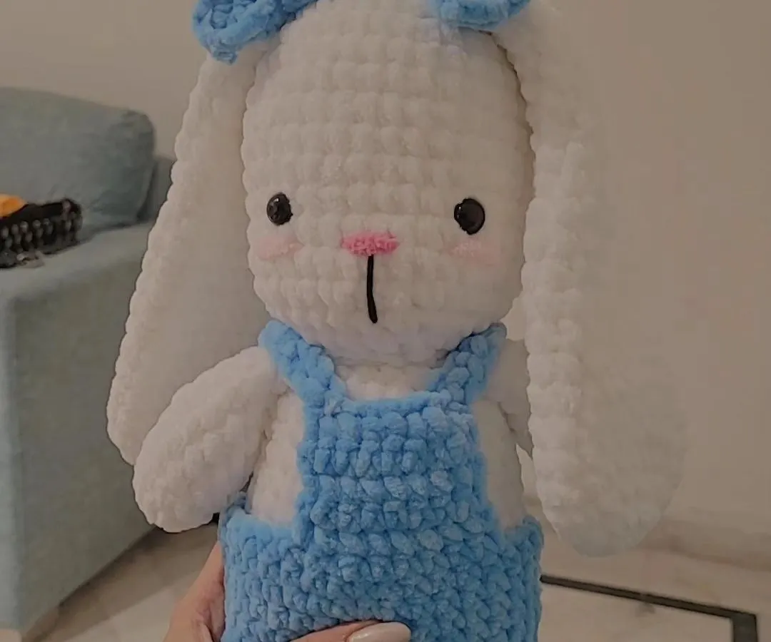 Meet Fluffy, a custom-ordered bunny plushie. This amigurumi toy features adorable details like handmade blue overalls and matching bows, all crafted from soft white yarn for the perfect huggable friend.