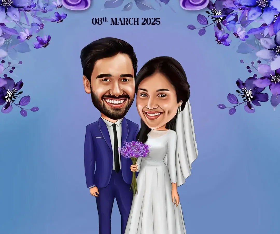 A classic and elegant wedding caricature, perfect for a 'Save the Date' or a wedding reception welcome. I focused on capturing the couple's happy expressions and the beautiful details of their wedding attire.