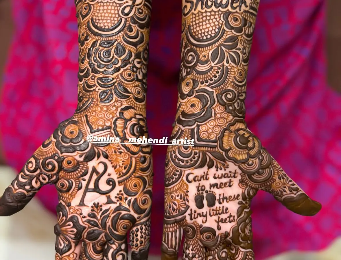 Celebrating a new arrival with a special baby shower mehendi. I can personalize your design with sweet messages like 'Baby Shower' and 'Can't wait to meet these tiny little feet', along with tiny footprints and the baby's initials.
