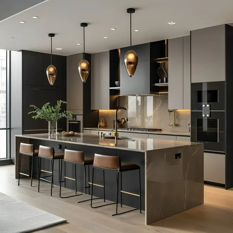 I designed this luxurious kitchen with a large marble island that doubles as a breakfast bar. The combination of dark cabinetry, sophisticated pendant lighting, and integrated appliances creates a sleek, modern look that is also highly practical for everyday use.