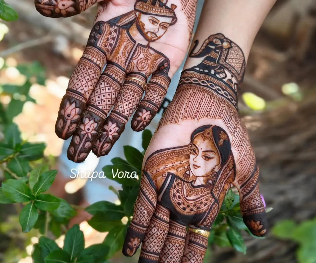 Your love story, drawn in henna. This is a custom portrait mehndi I created for a bride, featuring a detailed depiction of her and her partner. I love personalizing designs to make them uniquely yours.