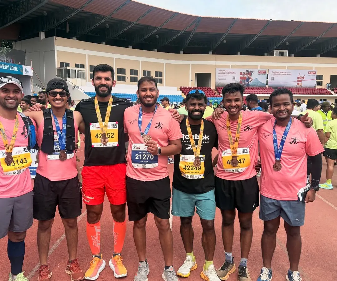 That feeling of crossing the finish line with your team is unbeatable. Here's our crew celebrating with their hard-earned medals after the NMDC Hyderabad Marathon.
