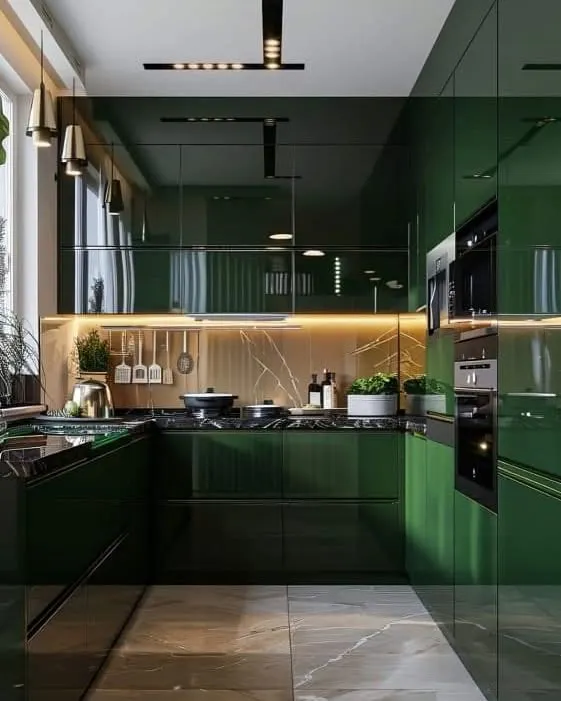 For those who love to make a statement, I designed this kitchen with high-gloss emerald green cabinets. The warm, back-lit metallic backsplash and integrated appliances create a seamless and luxurious look that is both dramatic and sophisticated.