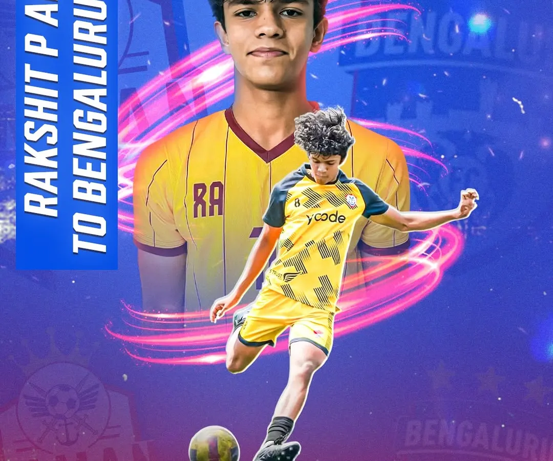 A proud moment for the entire RSA family. This graphic celebrates our player Rakshit P Anil's selection into the Bengaluru FC Reserve Team, a testament to our professional pathway program.