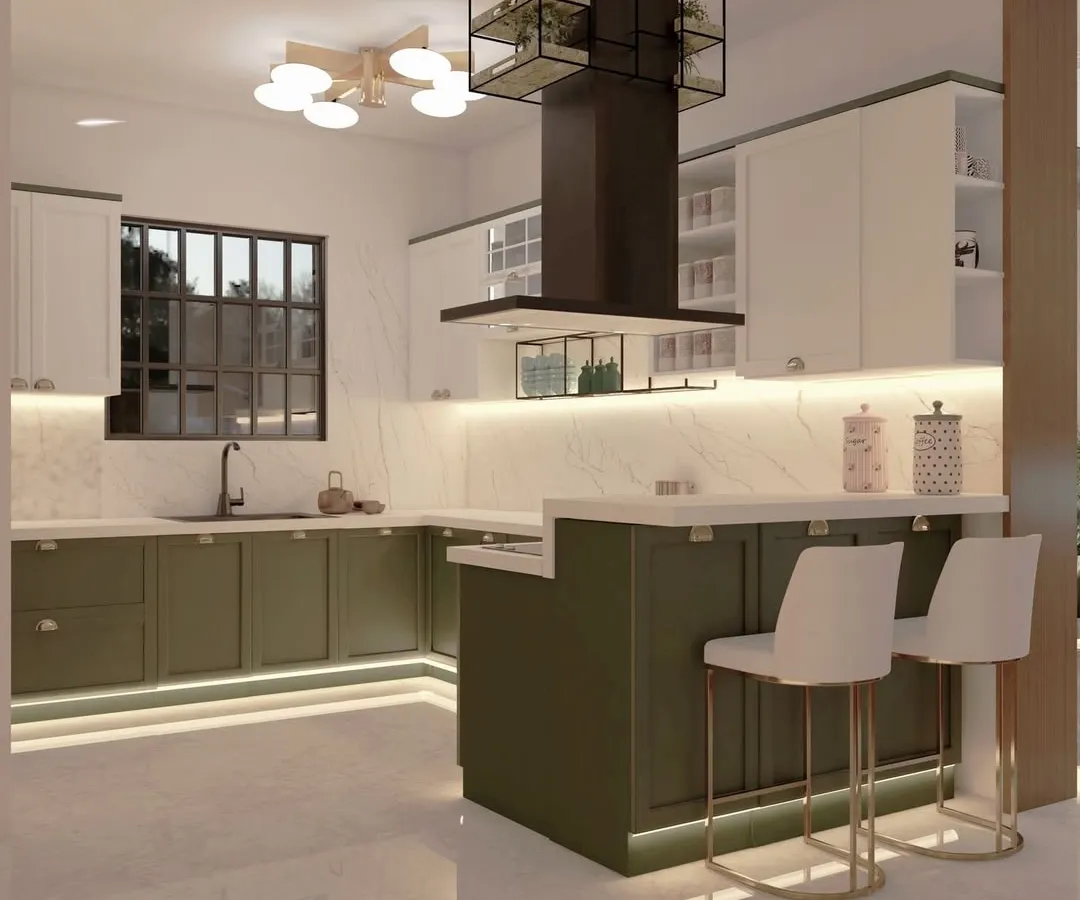 We designed this open-plan kitchen with an olive green and white palette, centered around a functional island with a breakfast bar. The space features smart storage solutions, under-cabinet lighting, and a unique overhead planter rack, blending style with everyday utility.