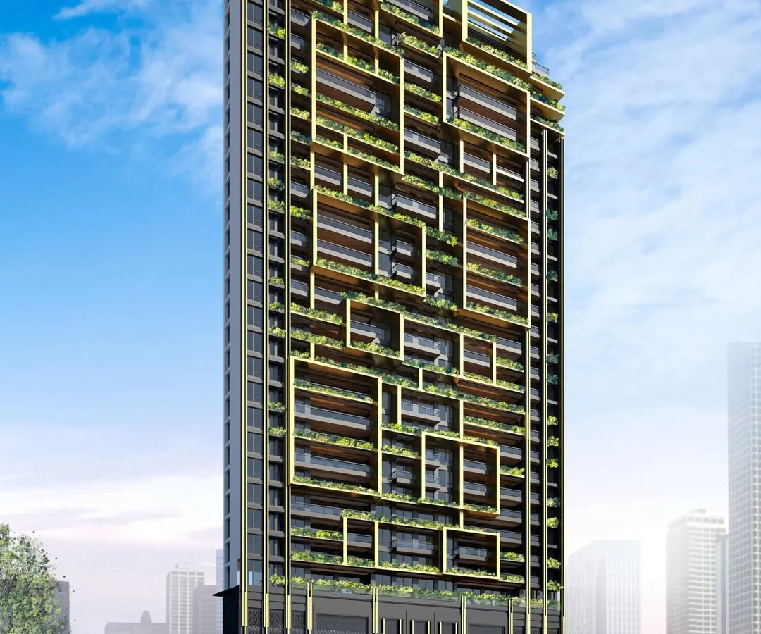 We designed this high-rise with a striking facade that integrates nature into urban luxury living. The intricate geometric patterns, gold-accented frames, and vertical gardens create a dynamic visual rhythm and a refreshing environment for residents.