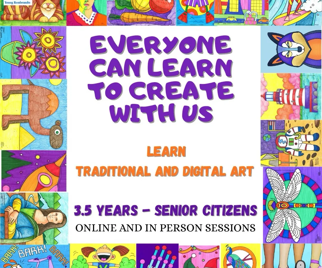 From still life and portraits to cartooning and digital art, we believe everyone has a creative spark. Our classes, for ages 3.5 to senior citizens, use a proven step-by-step method to ensure every student can learn to create, regardless of prior experience.