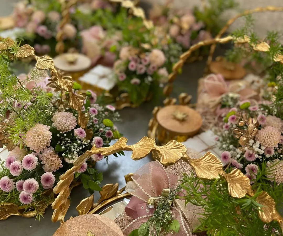We specialize in creating breathtaking arrangements of gifts, like these bespoke hampers featuring delicate florals and a soft, romantic color palette. Each one is a testament to our commitment to beauty and personalized detail, perfect for weddings, anniversaries, or any heartfelt gesture.