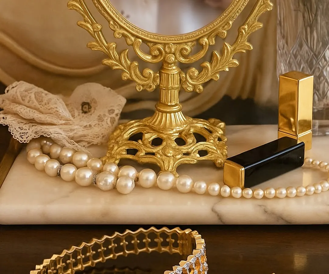 True luxury is jewellery that feels like a part of you. Here, a custom honeycomb bracelet and matching ring, both set with brilliant diamonds, rest on a vanity. I design each piece to integrate seamlessly into your life, adding a touch of personal elegance to your daily moments.