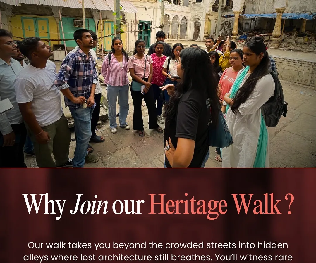 We believe in stories, not lectures. Here, one of our Walk Leaders is sharing tales of a forgotten haveli in Old Delhi, bringing the past to life for our group. This is what our heritage walks are all about: intimate, engaging, and full of discovery.