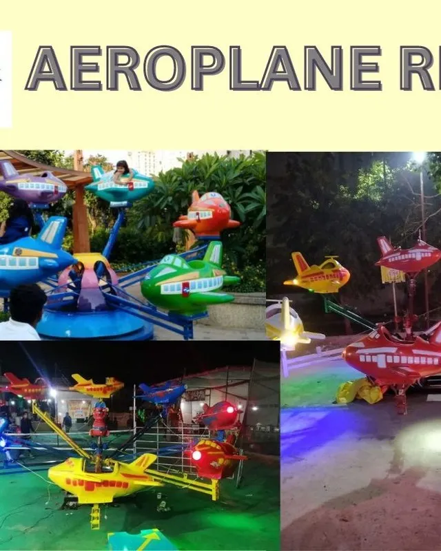 This collage shows our Aeroplane Ride installed in various settings, operating both day and night. Each plane-shaped car gives children the thrill of flying, making it a hit at funfairs and parks. We can customize the colors and lighting to match your specific theme.
