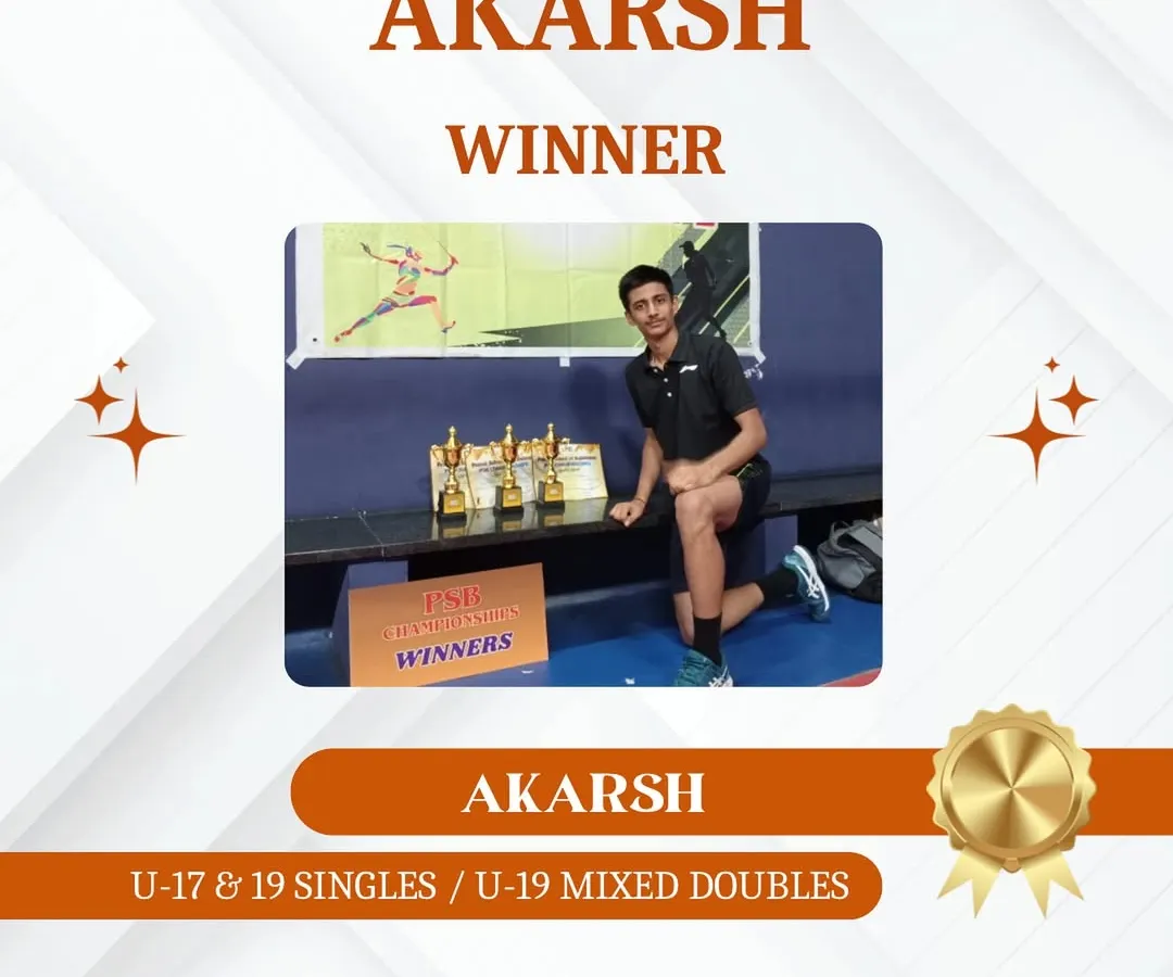 We are incredibly proud of our champions. This is Akarsh, celebrating a triple trophy win in U-17 & U-19 Singles and U-19 Mixed Doubles. His success is a testament to his relentless hard work.
