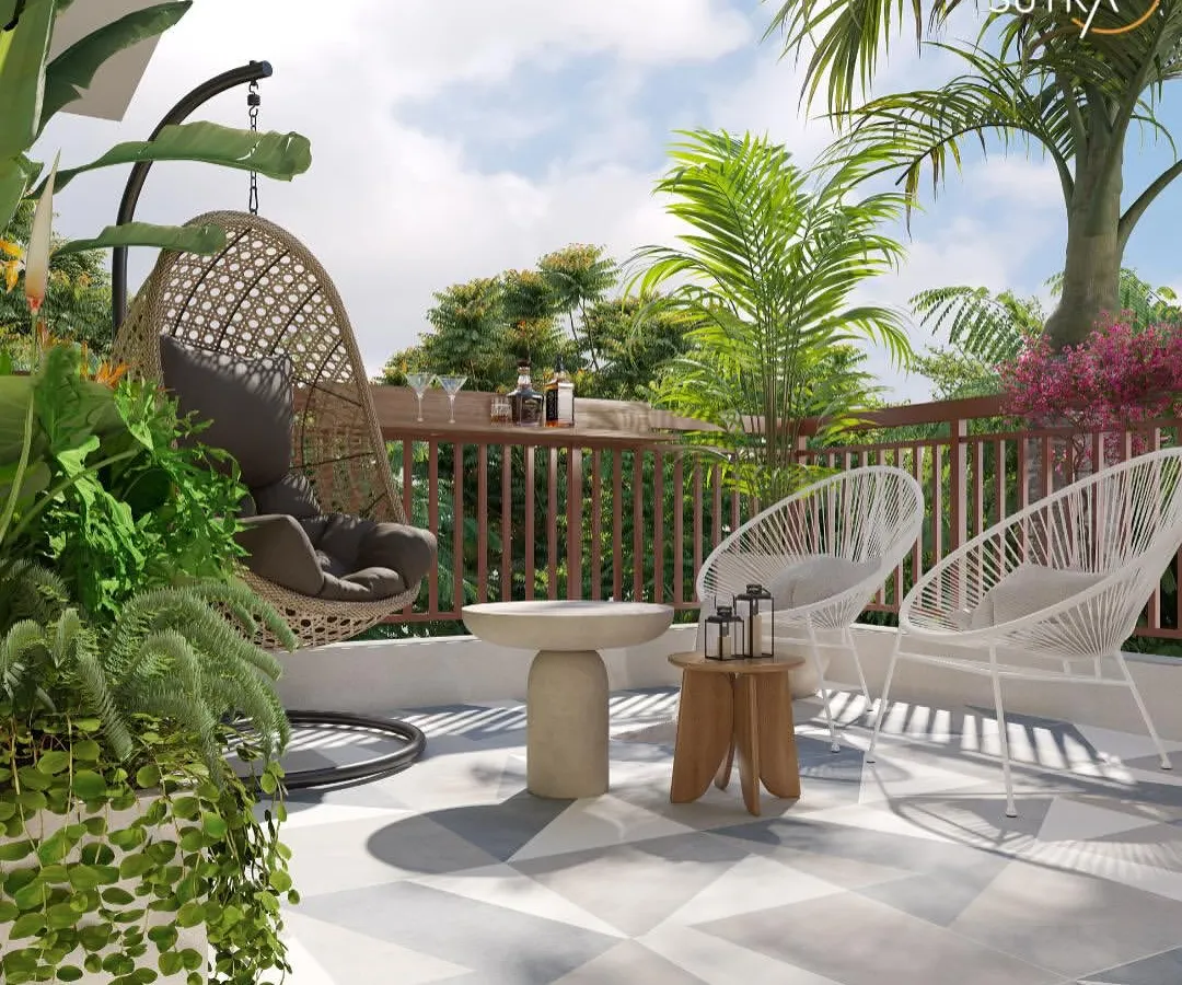 We transformed this urban terrace into a chic oasis for relaxation. The design combines a comfortable rattan swing chair with modern wireframe seating, set against a backdrop of dense palm leaves and a geometric tiled floor, creating a perfect spot for morning coffee or evening drinks.