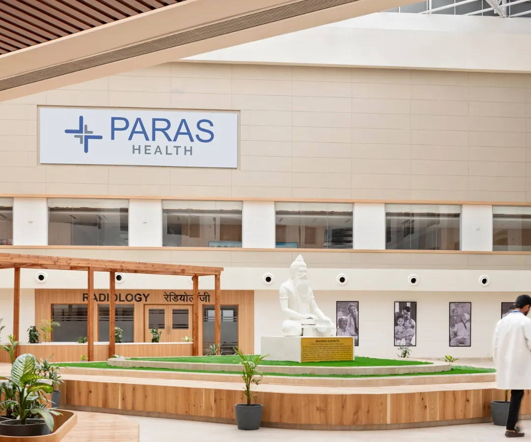 At the heart of the Paras Yash Kothari Hospital, we designed a central courtyard that serves as a serene, light-filled sanctuary. This biophilic space provides a calming respite for patients and visitors, demonstrating our belief that healing environments are integral to the recovery process.