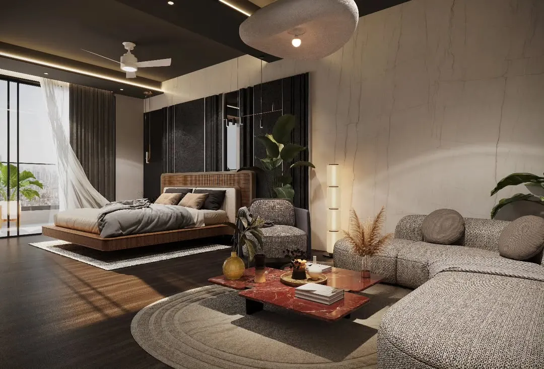 This bespoke master bedroom is a study in modern luxury, featuring a floating wooden bed frame, a plush seating area, and direct access to a private balcony. The dark accent wall and ceiling create an intimate, cozy atmosphere, balanced by the natural light flooding the room.