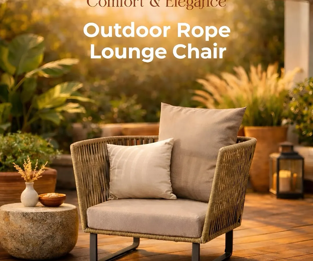 A perfect example of comfort meeting elegance. This is our outdoor rope lounge chair, set against a beautifully landscaped backdrop. Notice the intricate rope weaving and the plush, deep cushions, which create an inviting spot to relax. The sturdy aluminum frame ensures it's as durable as it is stylish, ideal for any modern patio design.