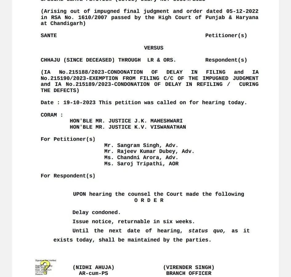 This document is a recent order from the Supreme Court of India in a civil case I argued. We successfully challenged a High Court judgment, and the Supreme Court admitted our Special Leave Petition (SLP). More importantly, the Court granted a 'status quo' order, which immediately protects my client's interests by pausing all proceedings until the next hearing. This is a significant interim victory and demonstrates my capability in handling complex appellate litigation.