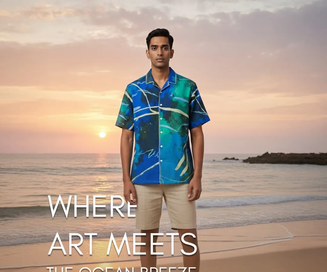 Here is my Komorebi Men's Art Shirt, captured where the ocean meets the sky. The design is inspired by the Japanese word for sunlight filtering through trees, and the vibrant blues and greens on the premium silk fabric echo the energy of the coast. It’s a piece for relaxed days and warm evenings.