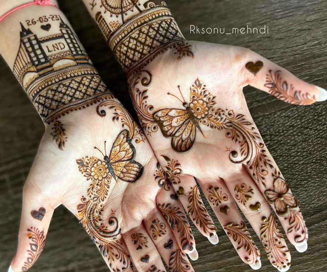 For this engagement mehndi, I wove the couple's story into the design, featuring landmarks from London where their journey began. The delicate butterflies symbolize their transformation, creating a piece that is both minimal and deeply personal.