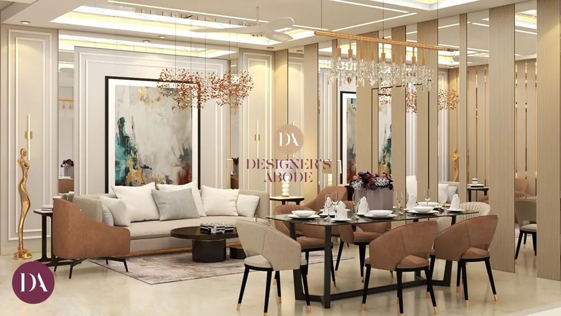 I believe a home should be a feast for the eyes, and this living and dining area is a perfect example. I combined European-style wainscoting with modern furniture, using mirror paneling to create a sense of spaciousness. The design balances opulent details like the chandelier with the natural warmth of teak wood accents for a truly luxurious feel.