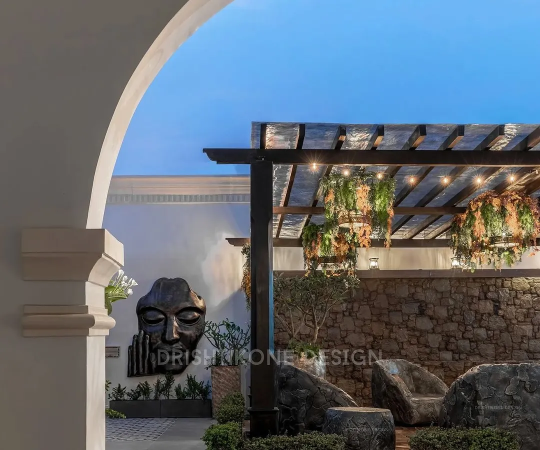 We transformed this rooftop into a serene oasis, perfectly balancing the five elements (Pancha Bhoota). The design incorporates a soothing waterfall (water), lush greenery (earth), open sky (space), and natural airflow (air), creating a Vastu-compliant retreat for relaxation and rejuvenation.