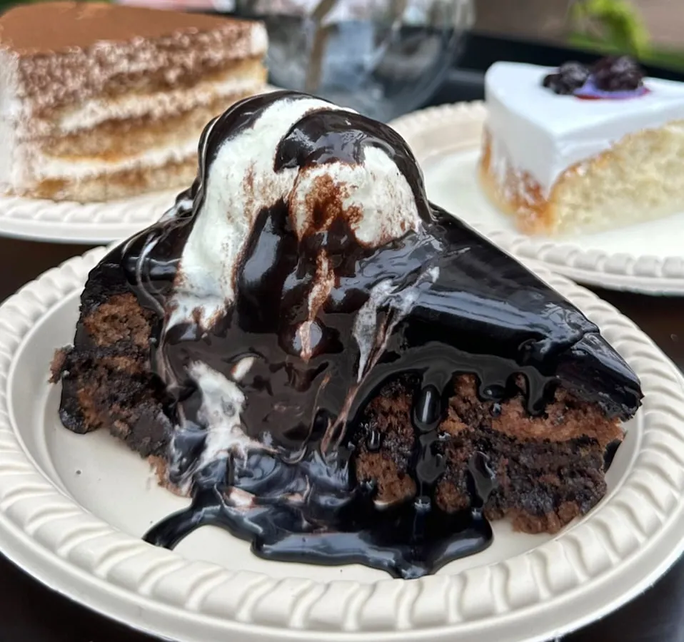For the ultimate chocolate lover, we present our Chocolate Overload pastry. This decadent slice features a rich chocolate cake base, generously topped with chocolate sauce and a scoop of vanilla ice cream for a truly indulgent experience.