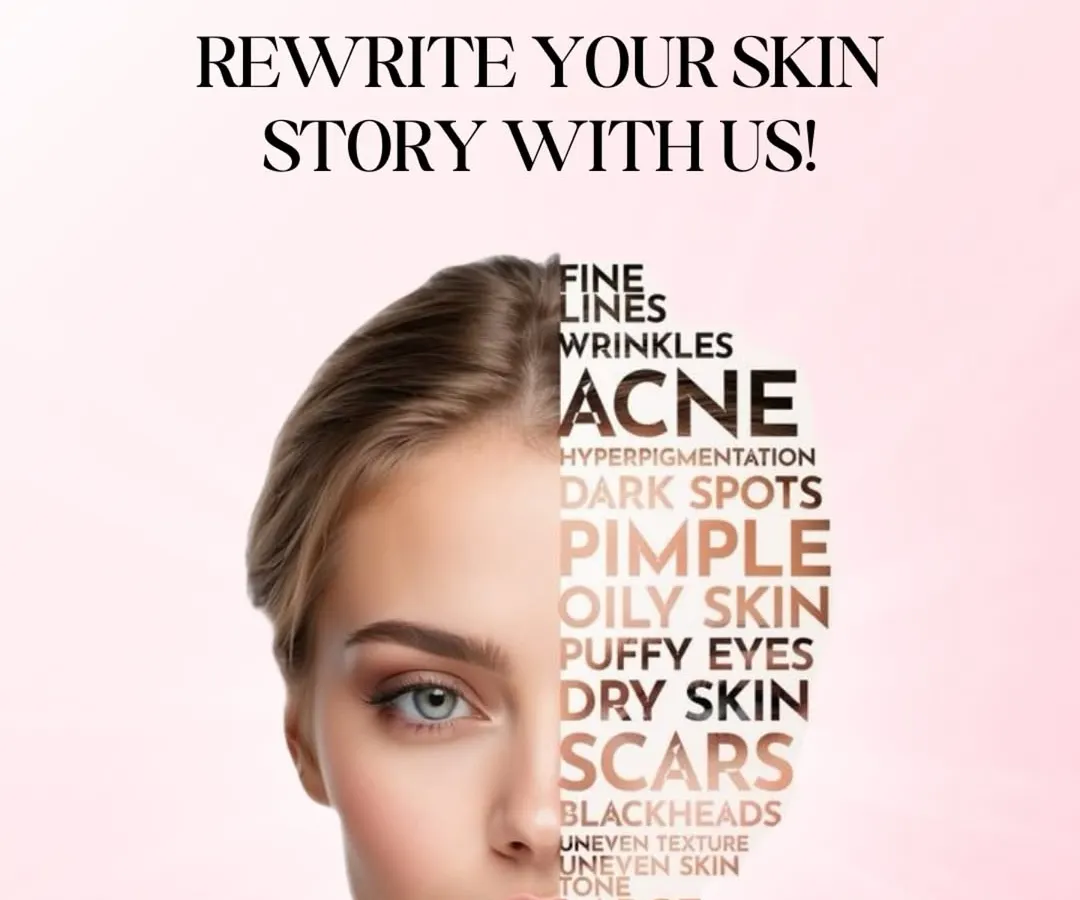 Are you struggling with acne, dark spots, fine lines, or uneven texture? This image lists many of the common skin concerns that I diagnose and treat every day. My goal is to move beyond temporary fixes and create a personalized plan to help you rewrite your skin story for long term health.