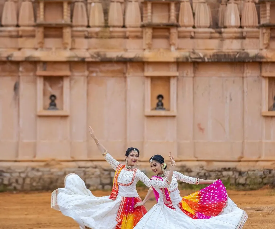 Dance is pure joy, especially when I share the stage with my sister, Spurthi. This shot captures the energy of our Kathak duets, where we blend intricate footwork and expressive storytelling against the beautiful backdrop of our cultural heritage.