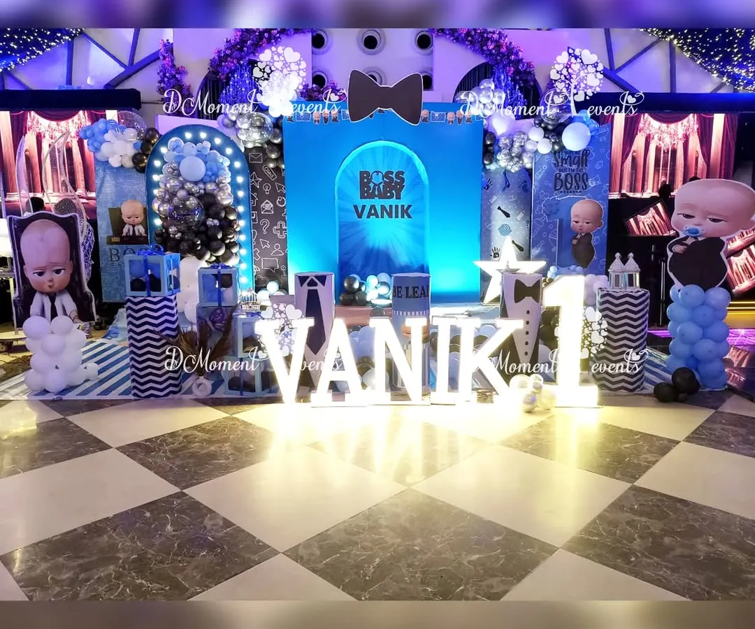 For the little boss in your life, I design sharp and stylish Boss Baby themed birthday parties. This stage setup features a clean blue and white palette, custom backdrops, marquee letters for the name, and character cutouts for a fun, corporate-chic vibe.