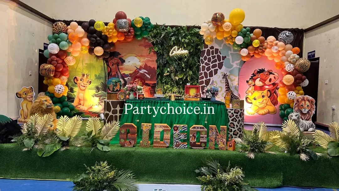 Our jungle and safari themed birthday parties are a huge hit with kids. We design a complete experience with character cutouts like Simba and Dumbo, themed cake stands, personalized photo displays, and dense balloon arches in jungle colors.