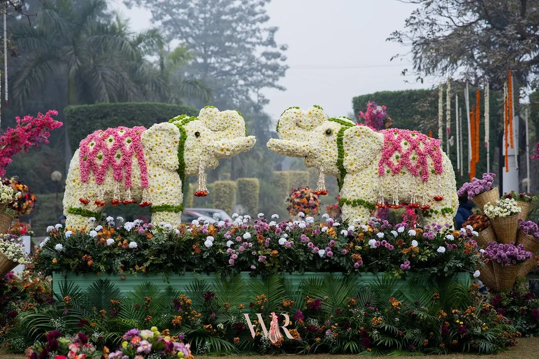 As a tribute to our rich Indian heritage, we crafted these life-sized elephants entirely from fresh flowers. This stunning installation, blending white and pink blooms, welcomed guests to a vibrant mehndi function, symbolizing wisdom, strength, and good fortune for the couple.