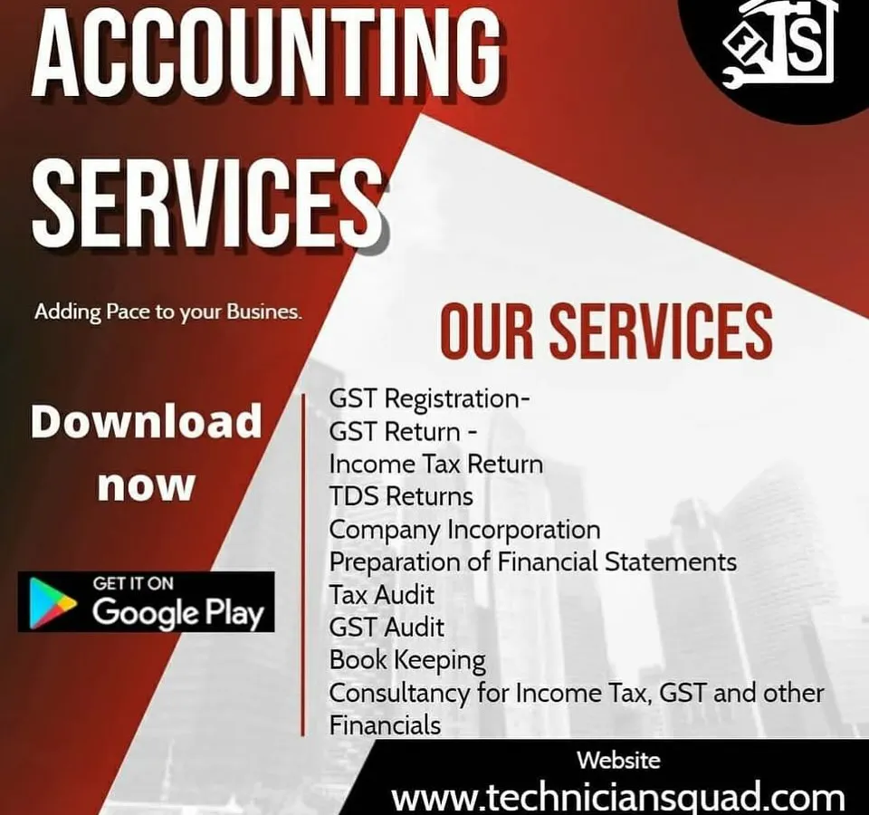 This graphic outlines our comprehensive accounting services designed for small to medium-sized businesses. We handle everything from GST registration and income tax returns to detailed bookkeeping and financial statement preparation, ensuring your business stays compliant and financially healthy.