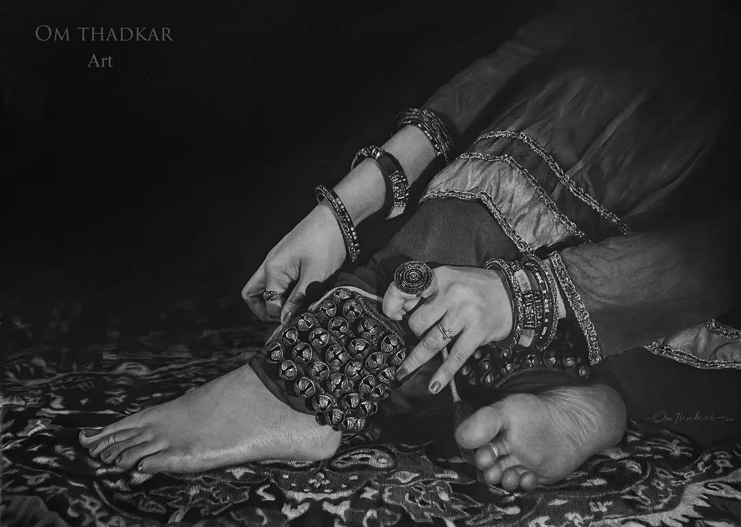 Titled 'Riwayat', this 6-foot-wide artwork is my homage to the tradition of Indian classical dance. The focus is on the 'Ghungroo', where every tiny bell is meticulously drawn with charcoal and graphite to represent the dancer's sacred connection to the earth.