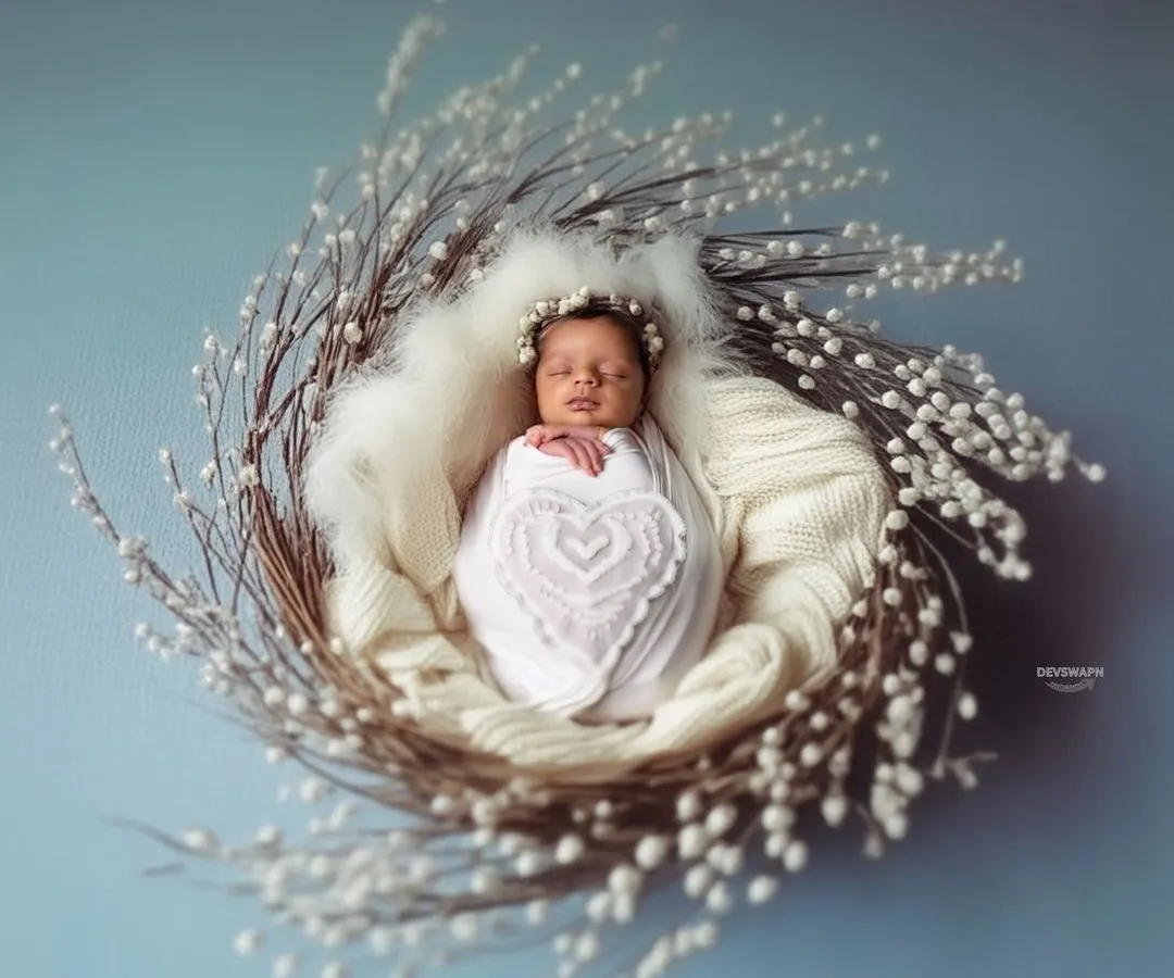 I love designing unique, artistic setups. Here, a delicate nest of pussy willow branches and a soft pearl headband create an ethereal and peaceful portrait, highlighting the baby's serene beauty.