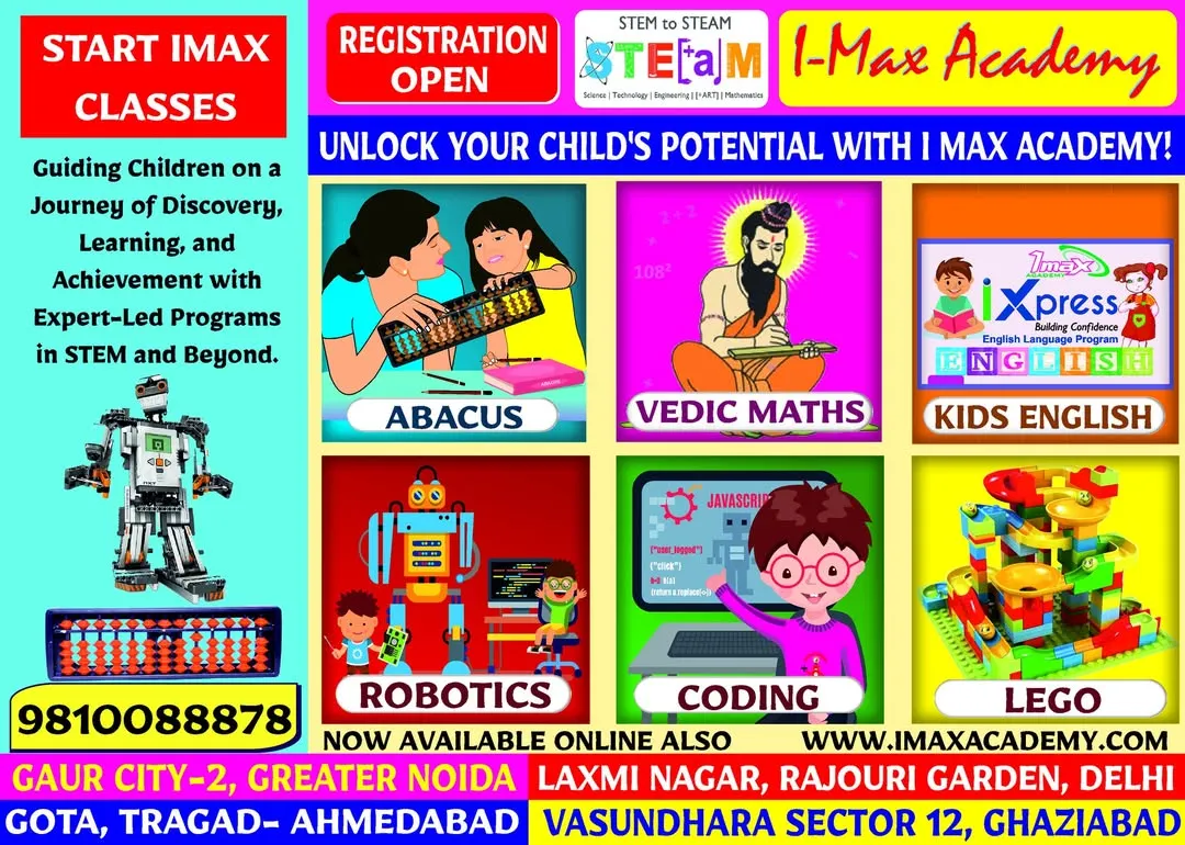 We offer a comprehensive range of programs under our I-Max Academy brand to unlock your child's full potential. From technical skills like Robotics and Coding to foundational learning in Abacus, Vedic Maths, and Smart English, we provide a complete educational journey for kids aged 3 to 14.