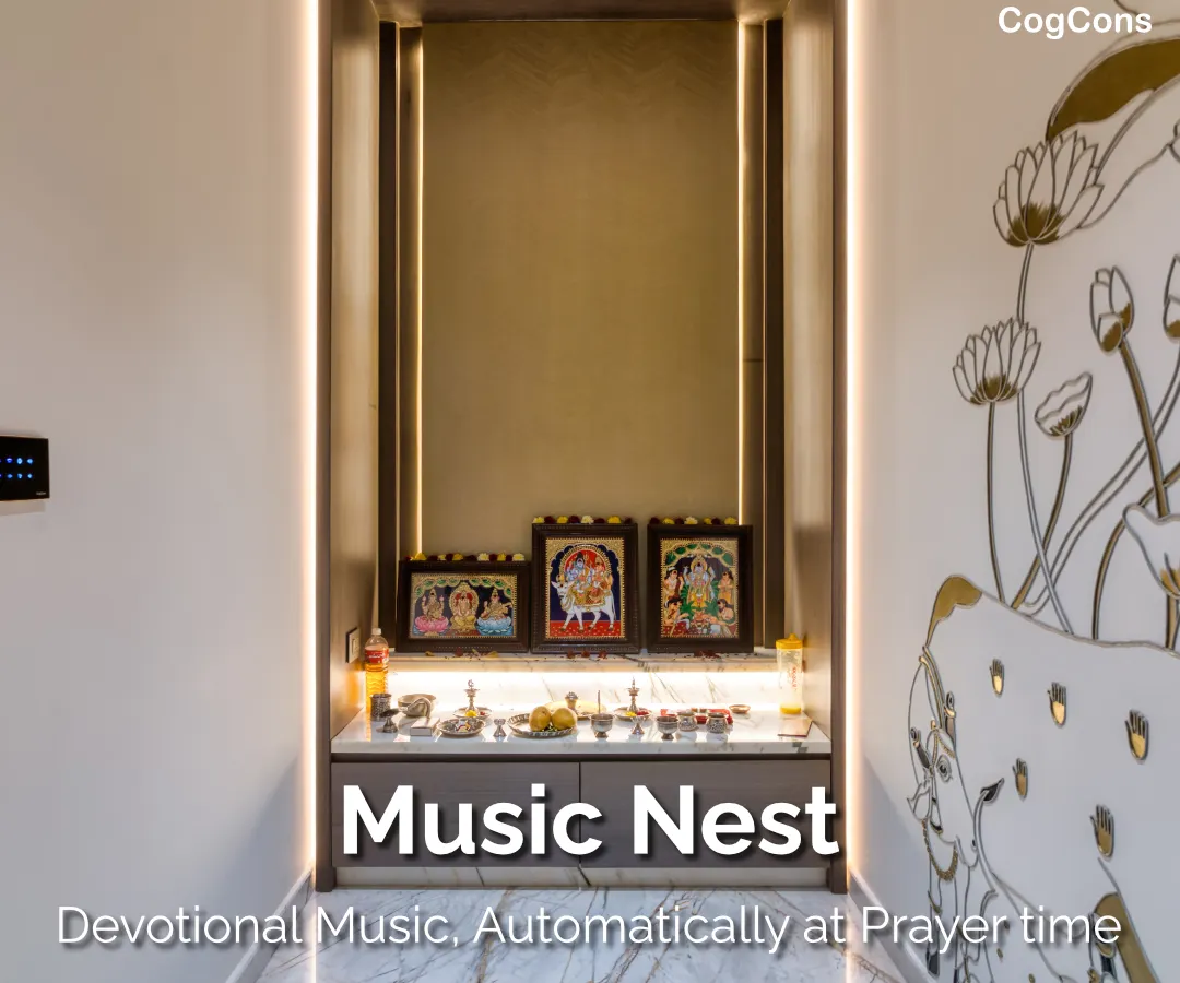 We help you create a serene atmosphere for prayer and meditation. Our system can be scheduled to automatically play devotional music or bhajans in your pooja room at designated times, seamlessly integrating with your daily rituals.